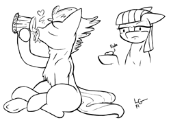 Size: 2096x1576 | Tagged: safe, artist:lucas_gaxiola, character:boulder, character:maud pie, oc, species:pony, alcohol, beer, chest fluff, drinking, female, hoof hold, lineart, male, mare, monochrome, speech, stallion, unamused