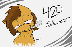 Size: 1976x1296 | Tagged: safe, artist:lucas_gaxiola, oc, oc only, oc:charmed clover, species:earth pony, species:pony, 420, abstract background, bedroom eyes, drugs, earth pony oc, followers, male, milestone, signature, smoking, solo, stallion