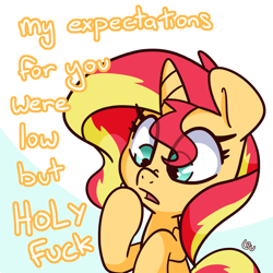 Size: 1500x1500 | Tagged: safe, artist:lou, character:sunset shimmer, species:pony, species:unicorn, brutal honesty, female, mare, meme, open mouth, raised hoof, simple background, solo, vulgar, white background