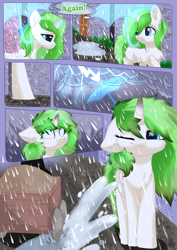 Size: 800x1131 | Tagged: safe, artist:alphadesu, oc, oc only, oc:minty root, species:pony, species:unicorn, comic:sisterly love, comic, ear fluff, explicit series, female, floppy ears, glowing horn, hooves, horn, lightning, magic, magical umbrella, mare, one eye closed, outdoors, rain, tree, umbrella, walking, water, wet, wet mane