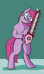 Size: 440x735 | Tagged: safe, alternate version, artist:lucas_gaxiola, character:pinkamena diane pie, character:pinkie pie, species:earth pony, species:pony, bipedal, blood, chainsaw, cropped, female, grin, hoof hold, mare, smiling, smirk, solo