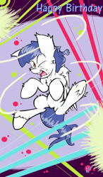 Size: 1728x2960 | Tagged: safe, artist:lucas_gaxiola, oc, oc only, species:pegasus, species:pony, abstract background, explosion, happy birthday, jumping, male, one eye closed, open mouth, pegasus oc, solo, stallion, underhoof, unshorn fetlocks, wings, wink