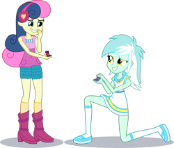 Size: 3210x2732 | Tagged: safe, artist:phucknuckl, edit, character:bon bon, character:lyra heartstrings, character:sweetie drops, ship:lyrabon, episode:the big mac question, g4, my little pony: friendship is magic, my little pony:equestria girls, season 9, spoiler:s09, accessories, accessory swap, adorable face, adorabon, belt, boots, bow, bow tie, canon ship, clothes swap, clothing, couple, cute, cutie mark, cutie mark clothes, diamond, dress, duo, engagement ring, equestria girls interpretation, eyelashes, female, hand on cheek, happy, headband, high res, inkscape, it finally happened, it happened, jewelry, kneeling, lesbian, looking at each other, love, lyrabetes, marriage proposal, necklace, pants, pocket, ring, ring box, scene interpretation, shadow, shipping, shirt, shoes, shorts, simple background, smiling, socks, standing, standing up, teeth, this will end in marriage, this will end with happiness, top, transparent background, vector, vector edit, wall of tags, wedding ring, woman
