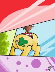 Size: 1064x1392 | Tagged: safe, artist:lucas_gaxiola, oc, oc only, oc:charmed clover, species:earth pony, species:pony, abstract background, clothing, dock, earth pony oc, male, panties, signature, solo, stallion, underwear