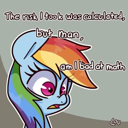 Size: 1500x1500 | Tagged: safe, artist:lou, character:rainbow dash, species:pony, bust, dialogue, female, guide to troubled birds, mare, meme, ponified animal photo, ponified meme, portrait, scrunchy face, solo