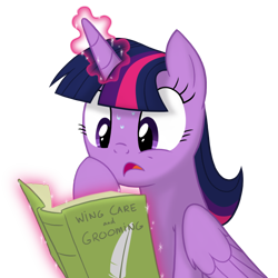Size: 1012x1012 | Tagged: safe, artist:equestria-prevails, character:twilight sparkle, character:twilight sparkle (alicorn), species:alicorn, species:pony, adorkable, book, cute, dork, female, magic, mare, preening, simple background, solo, sweat, transparent background