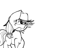 Size: 1708x1080 | Tagged: safe, artist:lucas_gaxiola, character:applejack, species:earth pony, species:pony, clothing, female, hat, lineart, mare, monochrome, raised hoof, simple background, solo, straw in mouth, white background