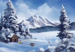 Size: 2560x1772 | Tagged: safe, artist:anticular, character:applejack, species:earth pony, species:pony, cabin, cart, female, mare, mountain, scenery, snow, solo, tree, winter