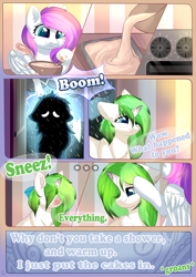 Size: 800x1132 | Tagged: safe, artist:alphadesu, oc, oc only, oc:minty root, oc:snow kicker, species:pegasus, species:pony, species:unicorn, comic:sisterly love, bow, comic, cooking, ear fluff, explicit series, female, floppy ears, hair bow, hoof hold, hooves, horn, lightning, mare, outdoors, rain, smiling, spread wings, wet, wet mane, wings