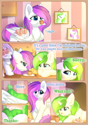 Size: 800x1132 | Tagged: safe, artist:alphadesu, oc, oc only, oc:minty root, oc:snow kicker, species:pegasus, species:pony, species:unicorn, comic:sisterly love, cake, comic, cup, ear fluff, explicit series, female, floppy ears, food, hooves, horn, lying down, mare, mouth hold, pillow, sitting, spread wings, standing, teacup, wing hands, wings