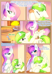 Size: 800x1131 | Tagged: safe, artist:alphadesu, oc, oc only, oc:minty root, oc:snow kicker, species:pegasus, species:pony, species:unicorn, comic:sisterly love, amputee, blushing, cake, chest fluff, comic, cup, ear fluff, explicit series, eyes closed, female, floppy ears, food, glowing horn, hooves, horn, levitation, lying down, magic, mare, open mouth, pillow, sitting, smiling, spread wings, standing, teacup, telekinesis, wing hands, wings