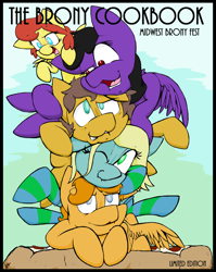 Size: 2550x3200 | Tagged: safe, alternate version, artist:lucas_gaxiola, oc, oc only, oc:charmed clover, oc:chit chat, oc:the brony chef, species:earth pony, species:pegasus, species:pony, colored, earth pony oc, female, male, mare, midwest brony fest, pegasus oc, pony pile, signature, stallion, wings