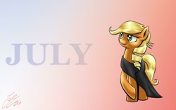 Size: 1024x640 | Tagged: safe, artist:lucas_gaxiola, character:applejack, species:earth pony, species:pony, abstract background, alternate hairstyle, applejack also dresses in style, black dress, calendar, clothing, dress, dressing, female, mare, raised hoof, signature, solo, tomboy taming