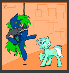 Size: 2616x2776 | Tagged: safe, artist:lucas_gaxiola, character:lyra heartstrings, oc, species:pony, species:unicorn, abstract background, bedroom eyes, climbing, clothing, duo, fangs, female, grin, male, mare, raised hoof, rope, signature, smiling, stallion