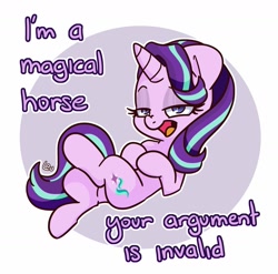 Size: 1599x1579 | Tagged: safe, artist:lou, character:starlight glimmer, species:pony, species:unicorn, abstract background, circle background, crossed legs, dialogue, female, lidded eyes, lying down, open mouth, solo, truth, your argument is invalid