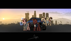 Size: 1650x946 | Tagged: safe, artist:bgn, species:earth pony, species:pegasus, species:pony, species:unicorn, bag, building, car, city, clothing, coffee, coffee cup, cup, cutie mark, dawn, digital art, dynamite, explosives, franklin clinton, grand theft auto, gta v, horn, male, michael de santa, mouth hold, obey tailgater, ponified, stallion, tail, trevor philips, wings