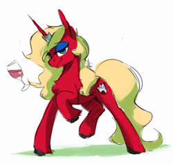Size: 708x672 | Tagged: safe, artist:anticular, oc, oc only, oc:scarlet rose, species:pony, species:unicorn, alcohol, blonde, blue eyes, colored sketch, crown, eyeshadow, female, jewelry, long legs, long tail, looking at you, makeup, one hoof raised, regalia, solo, tipsy, wine