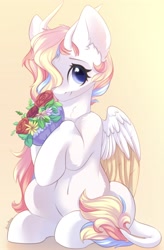 Size: 1792x2732 | Tagged: safe, artist:alphadesu, oc, oc only, oc:rainbow dreams, species:pegasus, species:pony, bouquet, cute, ear fluff, female, flower, hair over one eye, hoof hold, horn, leonine tail, mare, simple background, sitting, smiling, two toned wings, wings, ych result, yellow background
