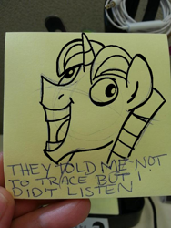 Size: 600x798 | Tagged: safe, artist:lucas_gaxiola, character:party favor, species:pony, species:unicorn, bust, exploitable meme, i didn't listen, image macro, irl, male, meme, photo, smiling, solo, speech, stallion, sticky note, text, traditional art