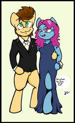 Size: 1228x2004 | Tagged: safe, artist:lucas_gaxiola, oc, oc:charmed clover, species:earth pony, species:pony, bottomless, clothing, dress, earth pony oc, female, male, necktie, oc x oc, partial nudity, semi-anthro, shipping, side hug, side slit, signature, straight, suit, watch