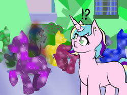 Size: 1280x960 | Tagged: safe, artist:jolliapplegirl, character:king sombra, oc, oc:opal reverie, parent:princess cadance, parent:shining armor, parents:shiningcadance, species:crystal pony, species:pony, species:unicorn, blind, crystal empire, exclamation point, female, interrobang, mare, next generation, offspring, question mark, story included