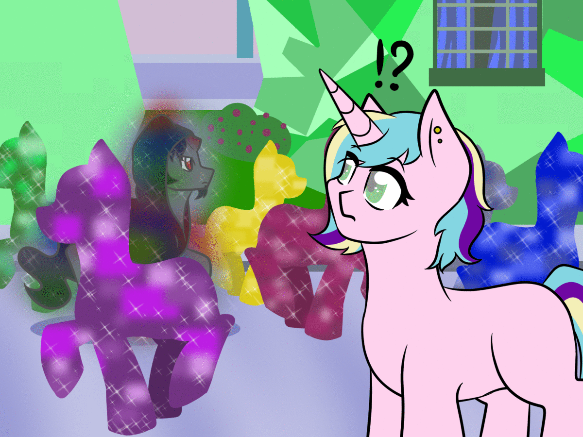Size: 1200x900 | Tagged: safe, artist:jolliapplegirl, character:king sombra, oc, oc:opal reverie, parent:princess cadance, parent:shining armor, parents:shiningcadance, species:pony, species:umbrum, species:unicorn, animated, blind, exclamation point, gif, interrobang, invisible, next generation, offspring, question mark, sombra eyes, story included
