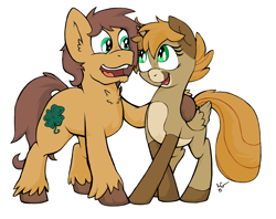 Size: 3336x2640 | Tagged: safe, artist:lucas_gaxiola, oc, oc only, oc:charmed clover, species:earth pony, species:pegasus, species:pony, duo, earth pony oc, female, male, mare, open mouth, pegasus oc, side hug, smiling, stallion, unshorn fetlocks, wings