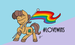 Size: 2952x1800 | Tagged: safe, alternate version, artist:lucas_gaxiola, oc, oc only, oc:charmed clover, species:earth pony, species:pony, abstract background, colored, earth pony oc, eyes closed, flag, gay pride flag, male, pride, pride flag, raised hoof, signature, smiling, solo, stallion