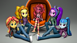 Size: 1920x1080 | Tagged: safe, artist:razethebeast, character:adagio dazzle, character:aria blaze, character:sonata dusk, character:sunset shimmer, oc, oc:mezma, my little pony:equestria girls, 3d, chair, clothing, converse, crossed legs, feet, hoodie, looking at you, pants, shoes, sitting, smiling, source filmmaker, the dazzlings