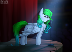 Size: 2800x2000 | Tagged: safe, artist:rinikka, patreon reward, oc, oc only, oc:aurora wing, species:pegasus, species:pony, concert hall, crying, female, mare, microphone, patreon, singing, stage, standing