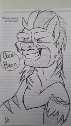 Size: 576x1024 | Tagged: safe, artist:lucas_gaxiola, oc, oc only, species:pony, facial hair, grin, lineart, lined paper, male, moustache, signature, smiling, solo, speech, stallion, traditional art, unshorn fetlocks