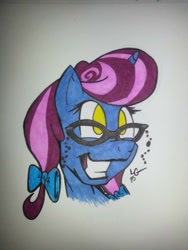 Size: 768x1024 | Tagged: safe, artist:lucas_gaxiola, oc, oc only, species:pony, species:unicorn, bow, bust, female, glasses, grin, hair bow, horn, mare, signature, smiling, solo, traditional art, unicorn oc