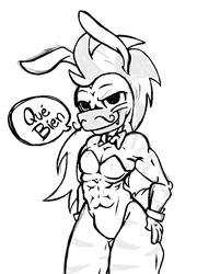 Size: 644x894 | Tagged: safe, artist:lucas_gaxiola, oc, oc only, species:anthro, species:earth pony, species:pony, abs, bunny suit, clothing, crossdressing, cuffs (clothes), earth pony oc, facial hair, male, moustache, solo, speech