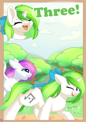 Size: 800x1132 | Tagged: safe, artist:alphadesu, oc, oc only, oc:minty root, oc:snow kicker, species:pegasus, species:pony, species:unicorn, comic:sisterly love, amputee, bow, comic, ear fluff, explicit series, female, floppy ears, hair bow, hooves, horn, mare, one eye closed, open mouth, outdoors, running, smiling, spread wings, tree, wings