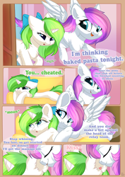 Size: 800x1132 | Tagged: safe, artist:alphadesu, oc, oc only, oc:minty root, oc:snow kicker, species:pegasus, species:pony, species:unicorn, comic:sisterly love, amputee, bow, chest fluff, comic, cute, ear fluff, explicit series, eyes closed, female, floppy ears, flying, hair bow, hoof hold, hooves, horn, hug, kissing, lying down, mare, mouth hold, open mouth, prone, smiling, spread wings, standing, wings