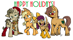 Size: 2352x1300 | Tagged: safe, artist:lucas_gaxiola, character:applejack, oc, oc:lauren juice, species:earth pony, species:pegasus, species:pony, christmas, clothing, earth pony oc, female, freckles, happy holidays, hat, holiday, male, mare, open mouth, pegasus oc, raised hoof, santa hat, scarf, signature, simple background, smiling, smirk, stallion, text, unshorn fetlocks, white background, wings