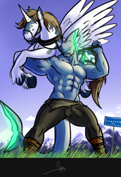 Size: 789x1150 | Tagged: safe, artist:bgn, oc, oc only, oc:todex, oc:vonce, species:alicorn, species:anthro, species:pony, abs, alicorn oc, armpits, clothing, digital art, duo, grass, hoers, holding a pony, horn, kyrgyzstan, lifting, lifting ponies, mountain, muscles, pants, partial nudity, pecs, shark, signboard, sky, tail, topless, wings
