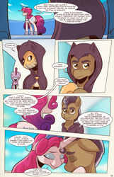 Size: 1253x1950 | Tagged: safe, artist:saturdaymorningproj, character:princess amore, oc, oc:lord suinda, species:earth pony, species:pony, species:unicorn, comic:i await a guardian, benevolent, cloak, clothing, comic, crown, dialogue, duo focus, eyes closed, eyeshadow, female, floppy ears, forehead touch, hoof on cheek, jewelry, love, makeup, male, mare, mask, plot, regalia, royal guard, sad smile, speech bubble, stallion, worried