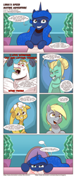 Size: 1683x3878 | Tagged: safe, artist:saturdaymorningproj, character:bulk biceps, character:derpy hooves, character:grand pear, character:princess luna, character:zephyr breeze, species:alicorn, species:earth pony, species:pegasus, species:pony, comic, dialogue, speech bubble, speed dating