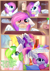 Size: 800x1132 | Tagged: safe, artist:alphadesu, oc, oc only, oc:minty root, oc:snow kicker, species:pegasus, species:pony, species:unicorn, comic:sisterly love, amputee, blushing, chest fluff, comic, ear fluff, explicit series, eyes closed, female, floppy ears, hooves, horn, mare, massage oil, mouth hold, open mouth, pillow, sitting, smiling, spread wings, standing, wings