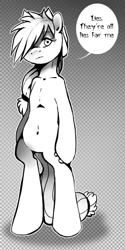 Size: 322x642 | Tagged: dead source, safe, artist:imalou, character:applejack, species:earth pony, species:pony, abstract background, cupcakes manga, female, hair over one eye, monochrome, semi-anthro, solo