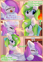 Size: 800x1132 | Tagged: safe, artist:alphadesu, oc, oc only, oc:minty root, oc:snow kicker, species:pegasus, species:pony, species:unicorn, comic:sisterly love, amputee, bow, chest fluff, comic, ear fluff, explicit series, eyes closed, female, floppy ears, hair bow, hooves, horn, lying down, mare, massage, one eye closed, open mouth, pillow, prone, ringing, sitting, slap, slapping, smiling, spanking, spread wings, wings