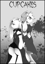 Size: 1230x1731 | Tagged: safe, artist:imalou, character:applejack, character:pinkamena diane pie, character:pinkie pie, species:earth pony, species:pony, fanfic:cupcakes, ship:applepie, abstract background, choker, clothing, cupcakes manga, female, lesbian, manga, monochrome, semi-anthro, shipping