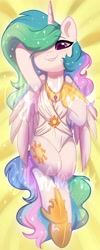 Size: 1638x4096 | Tagged: safe, artist:oofycolorful, character:princess celestia, species:alicorn, species:pony, g4, armpits, body pillow, body pillow design, clothing, cute, cutelestia, cutie mark, cutie mark on clothes, ear fluff, female, hair over one eye, mare, obtrusive watermark, on back, one-piece swimsuit, smiling, solo, swimsuit, watermark