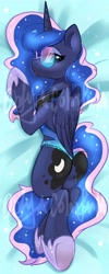 Size: 1638x4096 | Tagged: safe, artist:oofycolorful, character:princess luna, species:alicorn, species:pony, g4, body pillow, body pillow design, both cutie marks, butt, chest fluff, clothing, cute, female, looking at you, lunabetes, mare, moonbutt, one-piece swimsuit, open-back swimsuit, profile, prone, solo, sunglasses, swimsuit, watermark