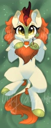 Size: 1638x4096 | Tagged: safe, artist:oofycolorful, character:autumn blaze, species:kirin, g4, autumn blaze's puppet, awwtumn blaze, blep, body pillow, body pillow design, cloven hooves, colored hooves, cute, ear fluff, eyebrows, female, full face view, hooves, looking at you, obtrusive watermark, on back, signature, solo, stars, tongue out, watermark