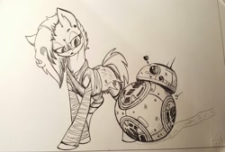Size: 2048x1383 | Tagged: safe, artist:lucas_gaxiola, oc, species:earth pony, species:pony, bb-8, clothing, crossover, duo, earth pony oc, female, heart, lineart, mare, signature, star wars, traditional art