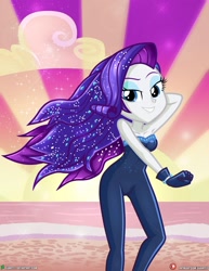Size: 1500x1942 | Tagged: safe, artist:dieart77, character:rarity, episode:the other side, g4, my little pony: equestria girls, my little pony:equestria girls, arm behind head, armpits, bare shoulders, beautiful, bedroom eyes, bodysuit, breasts, cleavage, clothing, cute, female, gloves, looking at you, raribetes, sleeveless, smiling, solo, strapless, unitard