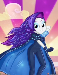 Size: 1500x1942 | Tagged: safe, alternate version, artist:dieart77, character:rarity, episode:the other side, g4, my little pony: equestria girls, my little pony:equestria girls, arm behind head, bedroom eyes, cape, clothing, female, looking at you, solo, unitard