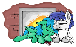 Size: 1904x1184 | Tagged: safe, alternate version, artist:lucas_gaxiola, oc, oc only, species:pegasus, species:pony, colored, eyes closed, female, fireplace, glasses, male, mare, oc x oc, pegasus oc, prone, shipping, signature, simple background, sleeping, smiling, snuggling, stallion, straight, unshorn fetlocks, white background, wings
